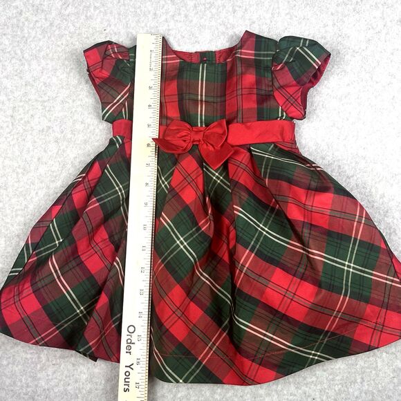 George Baby Dress 12M Red Plaid Check Ruffle Cap Sleeve Bowtie Flare Party Gown - Picture 10 of 15